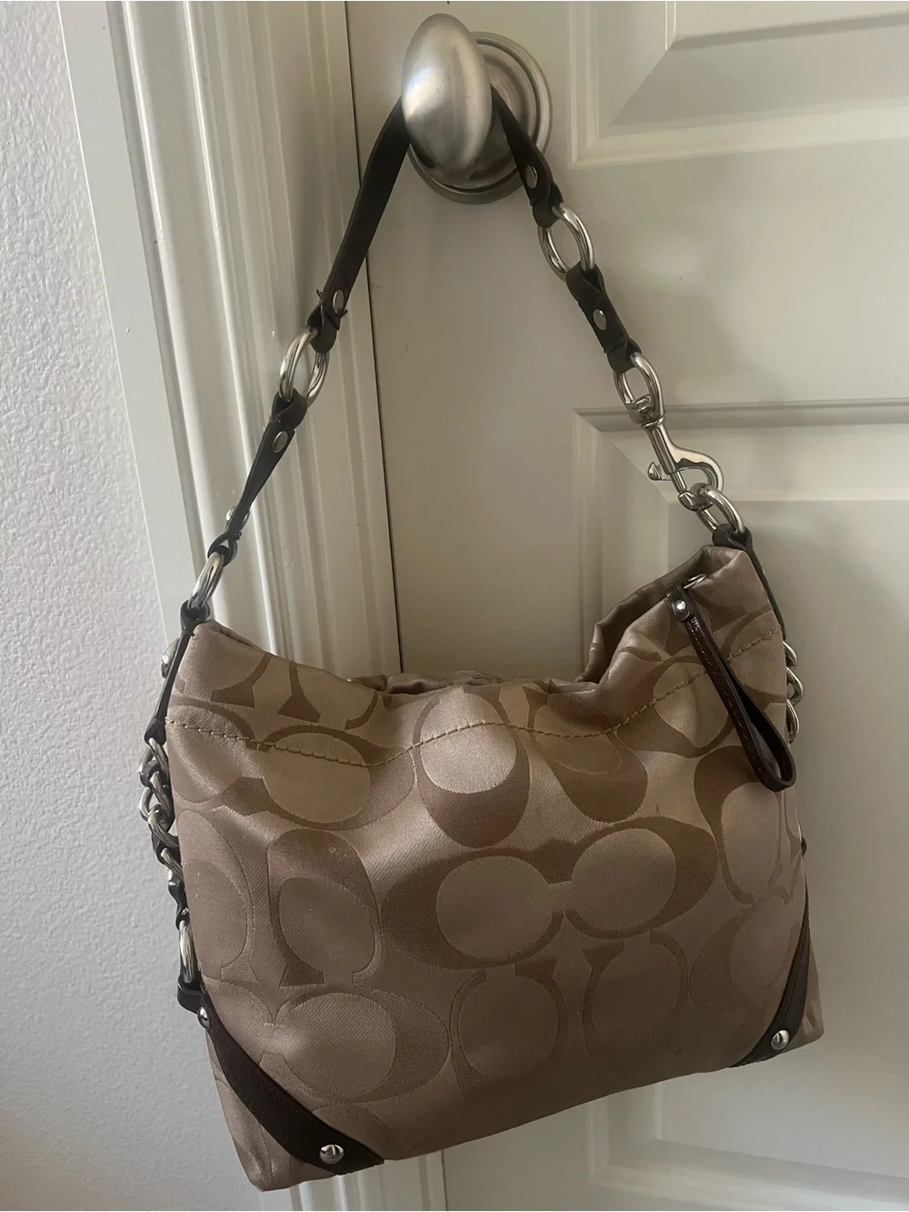 Coach Tan Khaki Signature Carly Hobo Bag with Dark Brown Trim